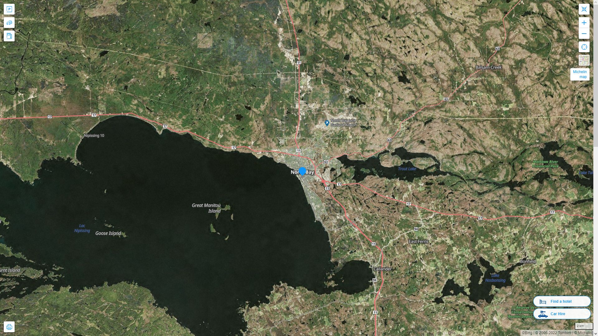 North Bay Canada Autoroute et carte routiere avec vue satellite